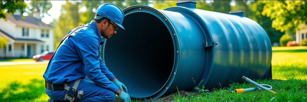 Septic services technician inspecting an outdoor septic tank in a suburban yard