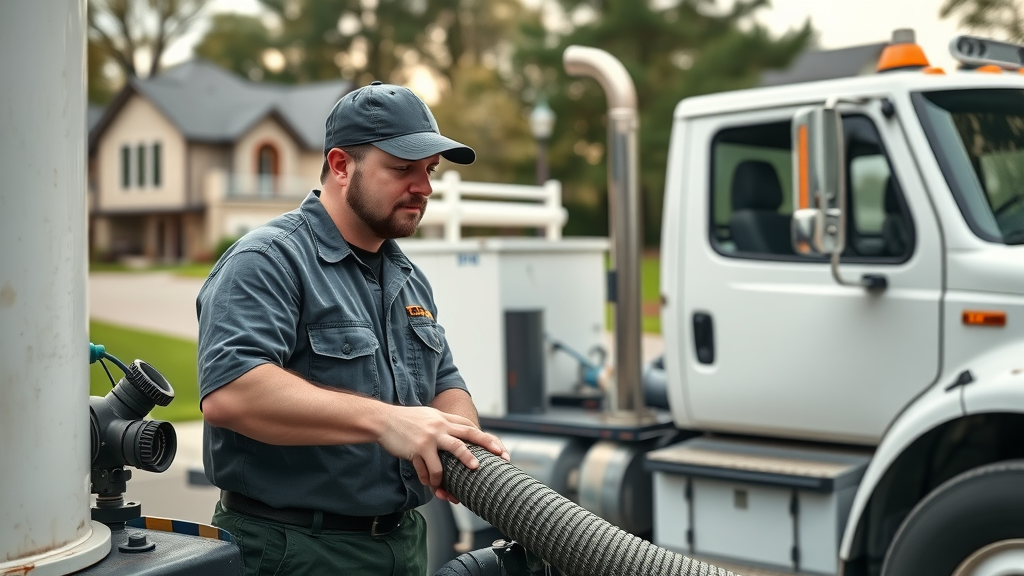 Clean septic service technician safely operating pump truck on rural property