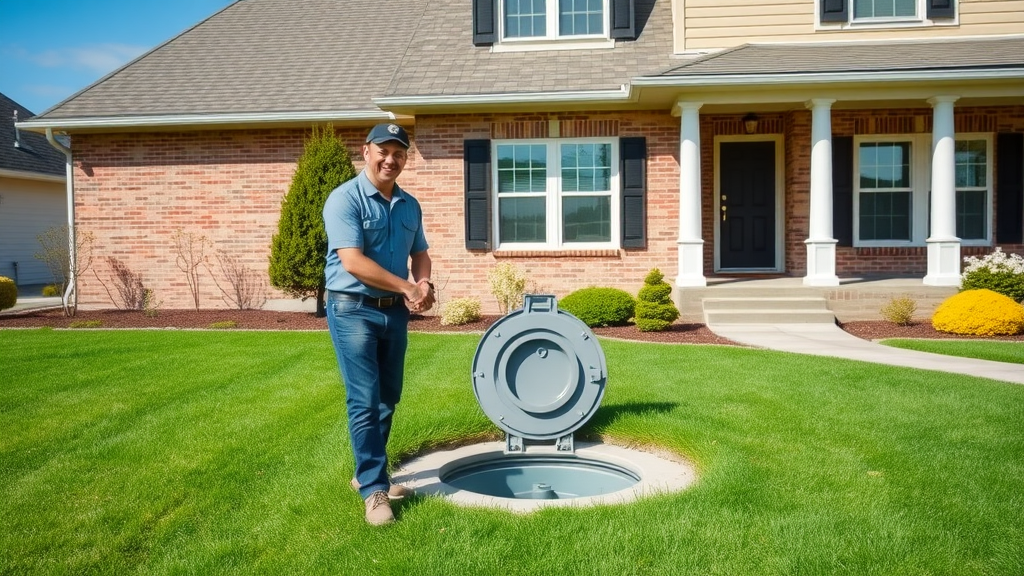 Septic services expert and homeowner shaking hands outside well-kept home
