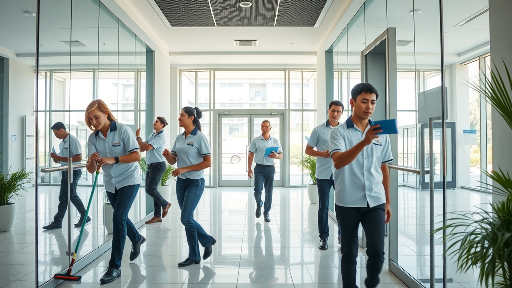 Commercial janitorial services team providing cleaning in office lobby