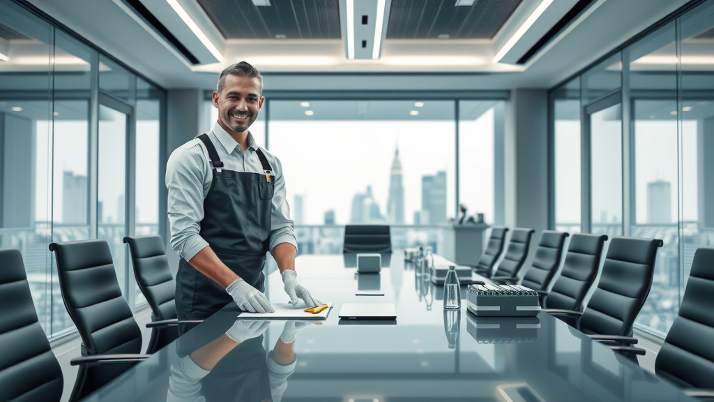 Janitor delivers commercial janitorial services in pristine boardroom